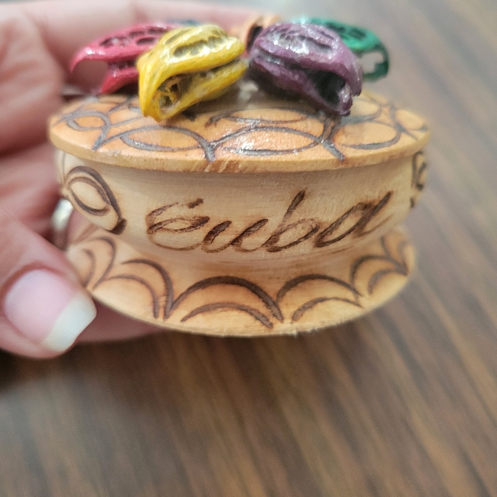 Cuba Wood Burned Trinket Box With Colorful Flower On Lid